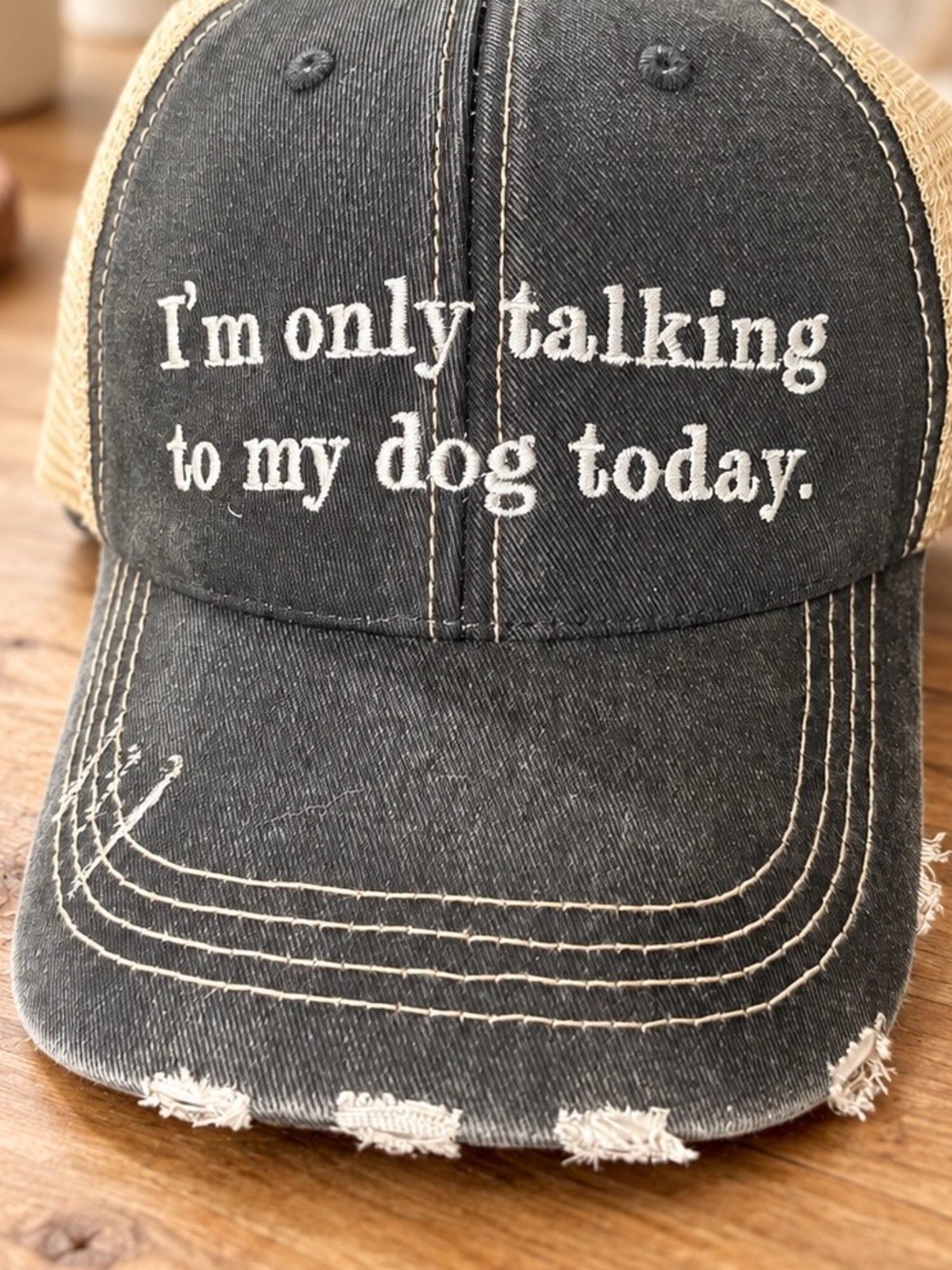 Distressed Black and Tan 'I'm Only Talking to My Dog Today' Trucker Cap